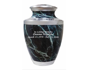 Cremation Urn, Urns for Human Ashes, Personalized Large Green Marble Finish Metal Funeral Urn with Velvet Bag