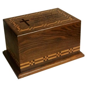 Cross and Praying Hands Wooden Adult Size Human Funeral Cremation Urn with Wooden Joint Inlay and Personalized Plaque