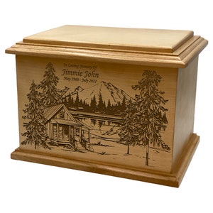 Cabin by the Lake Cremation Urn, Adult Personalized Human Wooden Funeral Urn, Mountains, Nature Lover's Urn