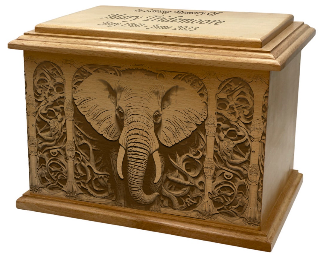 Elephant Cremation Urn, Adult Size Engraved Elephant Wooden Funeral Urn ...