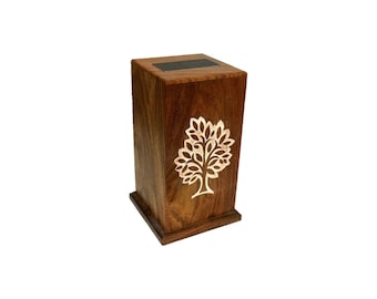 Wooden Adult Size Human Funeral Cremation Urn with Hand Engraved Tree of Life and Personalized Engraved Plaque