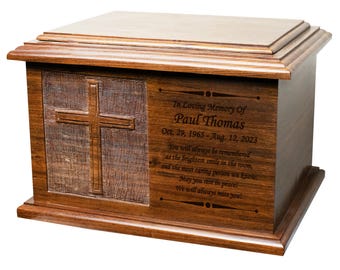 Extra Large Cross Wooden Funeral Cremation Ash Urn, Companion Human Cremation Urn, Double Urn with customized name plate