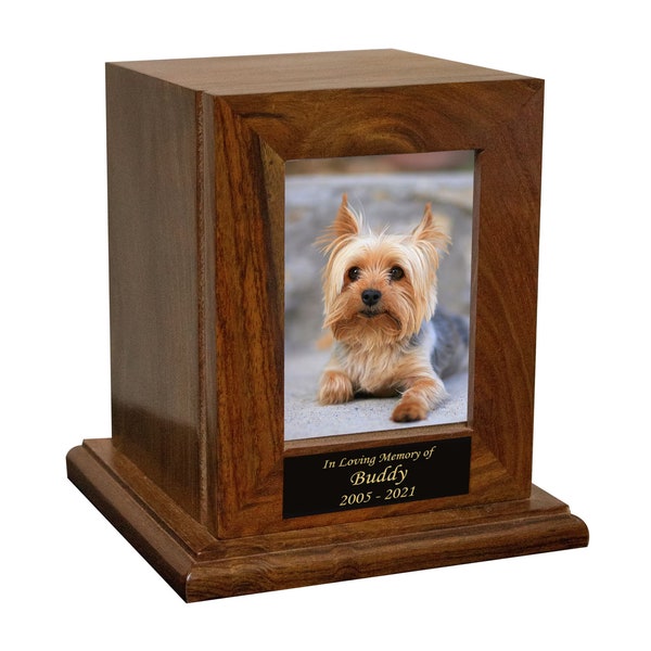 Memorial Pet Photo Cremation Urn, Medium Size Wooden Dog Urn with Custom Engraving - Holds 75 Pounds, Bereavement Gift, Sympathy Gift