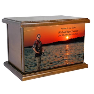 Custom Photo Fishing Cremation Urn, Personalized Wooden Gone Fishing Cremation Urn, Funeral Urn for Adults