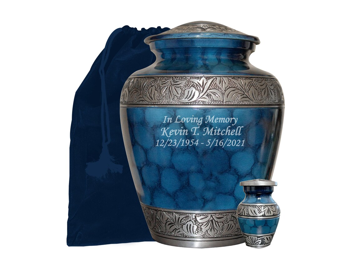 Urna cremazione per ceneri, per adulti, colore blu navy, elegante, per ceneri umane, completamente realizzata a mano con sacchetto di protezione in velluto