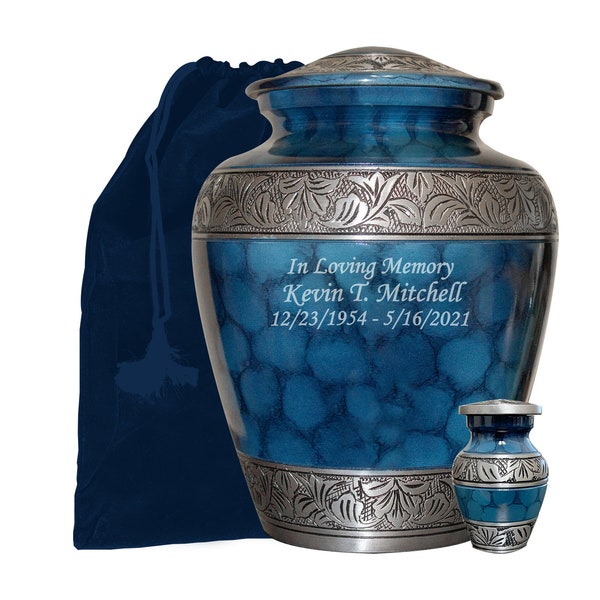 Personalized Large Size Blue Human Cremation Urn with Keepsake and Velvet Bag