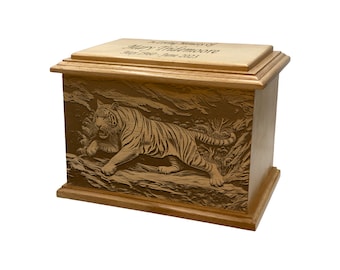 Tiger Cremation Urn, Big Cat Wooden Funeral Urn, Wild Life Wooden Funeral Urn with Engraving