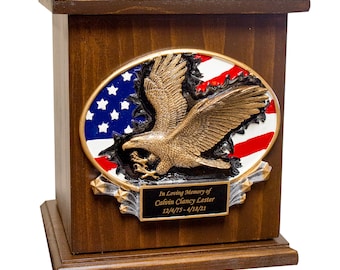 Marine Cremation Urn, Flag and Eagle Funeral Urn, Wooden Armed Forces Urn, Military Urn, Patriotic Urn for Ashes