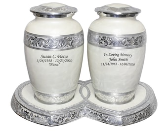 Double Cremation Urns for Human Ashes, White and Silver Funeral Cremation Companion Urns for Adults