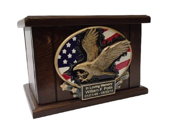 Marine Cremation Urn, Flag and Eagle Funeral Urn, Wooden Armed Forces Urn, Military Urn, Patriotic Urn for Ashes, Wooden Adult Urn