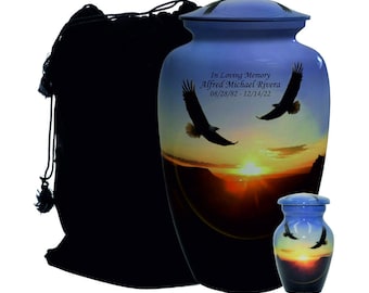 Eagles and Sunset Personalized Large Size Human Cremation Urn with Matching Keepsake and Velvet Bags