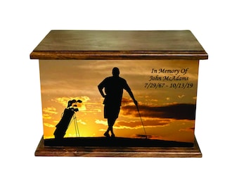 Golden Golf Victory Cremation Urn, Wood Funeral Urn, Golf Wooden Urn with Personalized Engraving