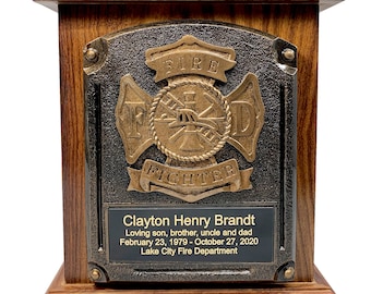 Firefighters, fireman funeral cremation urn adult wood, urn w/engraving