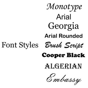 Puede incluir: Una lista de diferentes estilos de fuente, incluyendo Monotype, Arial, Georgia, Arial Rounded, Brush Script, Cooper Black, ALGERIAN y Embassy.