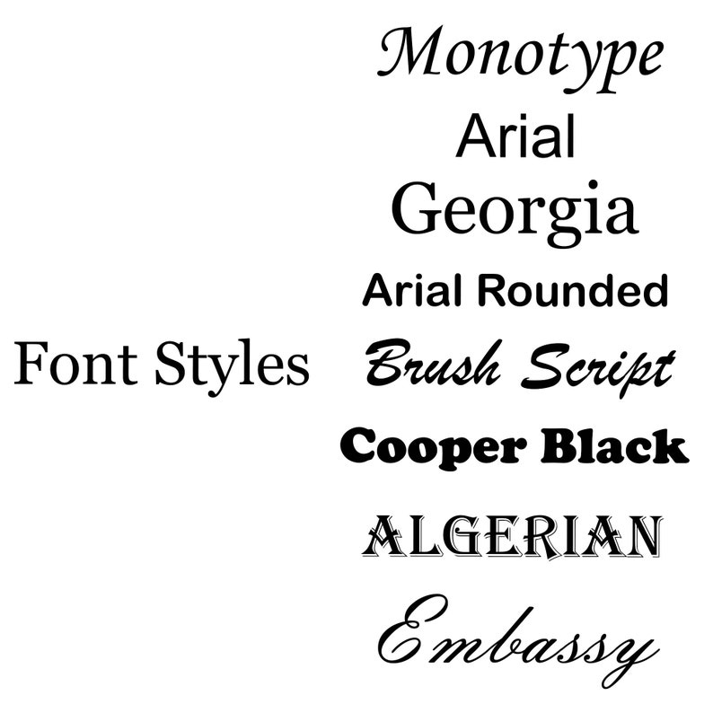 Puede incluir: Una lista de diferentes estilos de fuente, incluyendo Monotype, Arial, Georgia, Arial Rounded, Brush Script, Cooper Black, ALGERIAN y Embassy.