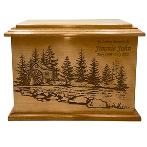 Watermill Cremation Urn, Cabin by the Lake Wood Funeral Urn, Nature Lovers' Wooden Urn with Engraving