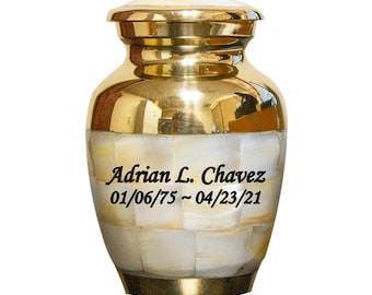 Keepsake Cremation Urn with Personalization and Velvet Case, Brass Mother of Pearl Token Urn