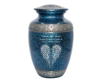 Angel Wings Extra Large Blue Human Funeral Cremation Urn, Custom Engraved Companion Cremation Urn