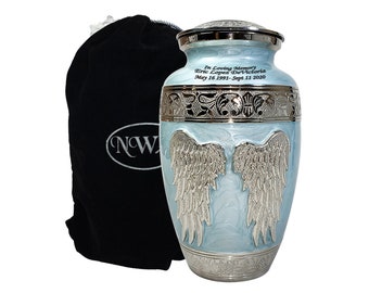 Angel Wings Blue Mother of Pearl Brass Funeral Cremation Urn, Adult Memorial Ash Urn with Personalization and Velvet Bag