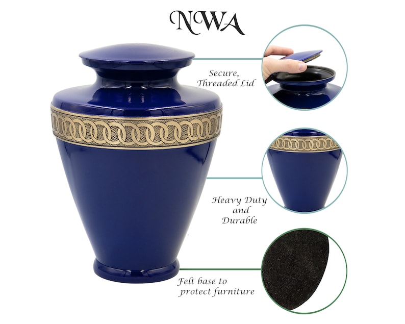 May include: A blue metal cremation urn with a gold trim and a threaded lid. The urn has a felt base to protect furniture.  NWA.