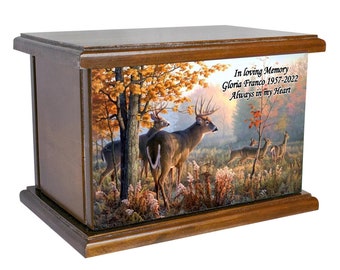 Cremation Urn, Wood Funeral Urn, Hunter&#39;s Urn, Elk, Deer Hunting Wooden Urn with Engraving