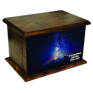 Starlight Above the Mountains Cremation Urn, Wood Funeral Urn, Wooden Urn with Custom Personalization