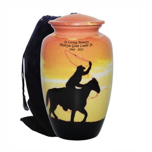 Cowboy Riding Home Human Cremation Urn With Velvet Bag, Personalized Horse and Rider Funeral Urn