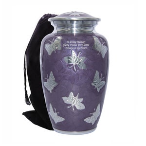 Purple Butterfly Adult Human Funeral Cremation Urn, Memorial Urns w/velvet bag and Personalization