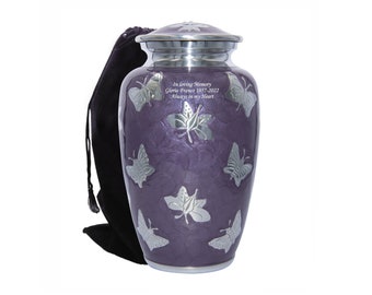 Purple Butterfly Adult Human Funeral Cremation Urn, Memorial Urns w/velvet bag and Personalization