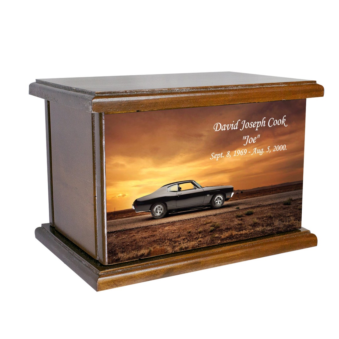Classic Chevelle Sunset Urn, Wooden Car Funeral Urn, Wood Urn With