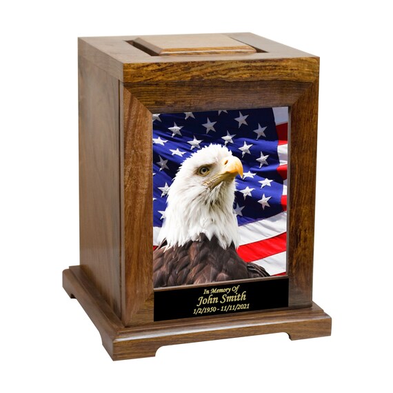 Personalized Photo Cremation Urn for Humans, Custom Engraved Large Wooden Funeral Cremation Urn For Veterans, Navy, Army, Airforce, Marine