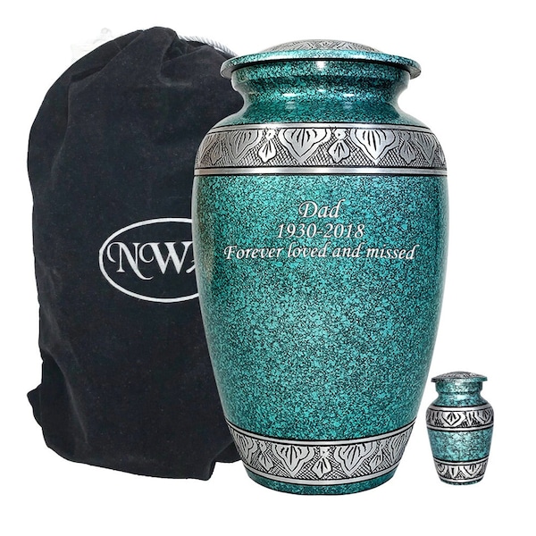 Custom Engraved Teal Patina Adult Human Funeral Cremation Urn, Memorial Urns w/velvet bag and keepsake and Personalization