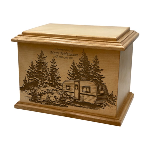 Camping Cremation Urn, Adult Size Wooden Camp Site Funeral Urn, Personalized Urn, Camper's Wooden Urn with Engraving