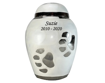 Custom Engraved Pearl White Pet Paw and Cremation Urn