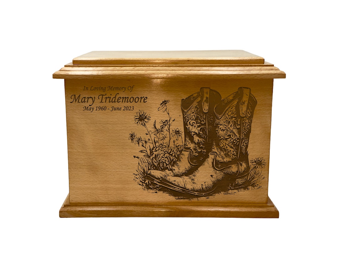 Cowboy Boots Cremation Urn, Adult Size Wooden Funeral Urn, Personalized Urn, Cowboy Wooden Urn