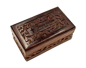 Wooden Cremation Urn with Custom Engraving, Pet and Human Urns, Cross, Praying Hands, Hearts, Angel, Butterfly, - Multiple Designs and Sizes
