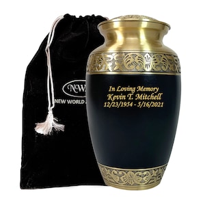 Black and Gold Adult Human Funeral Cremation Urn, Custom Engraved Memorial Urns w/velvet bag and Personalization