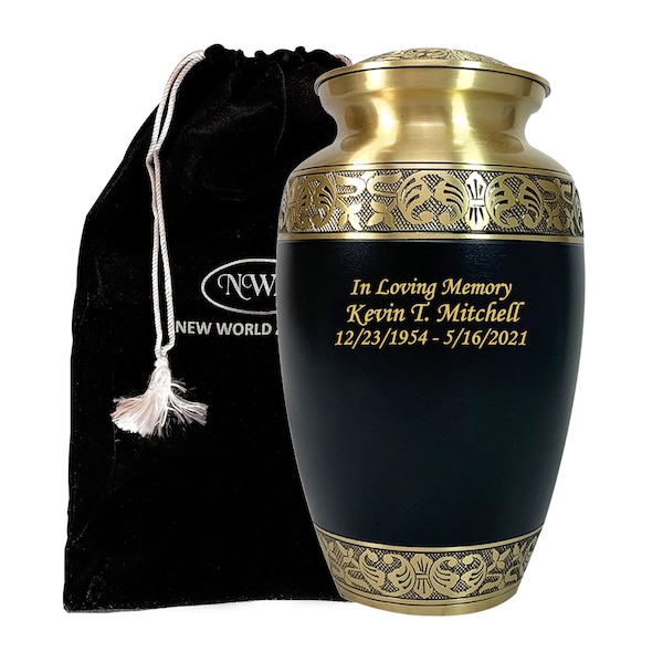 Black and Gold Adult Human Funeral Cremation Urn, Custom Engraved Memorial Urns w/velvet bag and Personalization