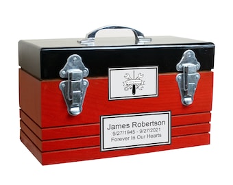 Red Toolbox Human Funeral Cremation Urn with Personalized Plaque, Memorial for Carpenters, Mechanics Handyman and Tradesmen