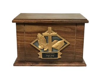 Cremation Urn, Wood Urn, Praying Hands, Cross and Bible Urn, Wooden Funeral Urn with Engraving