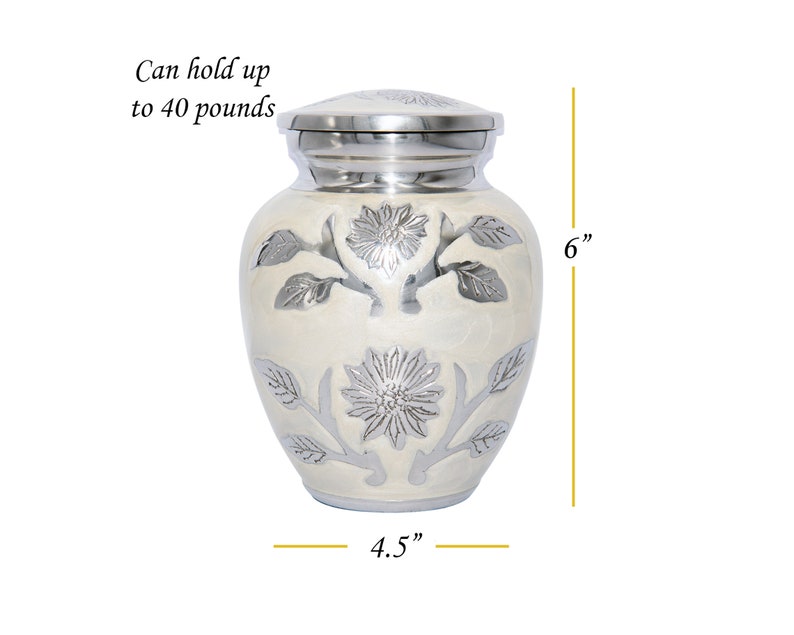 May include: White cremation urn with a silver floral design. The urn is 6 inches tall and 4.5 inches wide. It can hold up to 40 pounds.