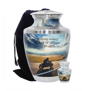 Motorcycle Urn, Bike Lovers Cremation Urn, Urns for Human Ashes, Personalized Large Funeral Urn with Velvet Bag- Multiple Sizes