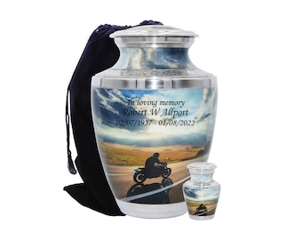 Urna de cremación para amantes de las bicicletas, urna de motocicleta, urnas para cenizas humanas, urna funeraria personalizada con bolsa de terciopelo