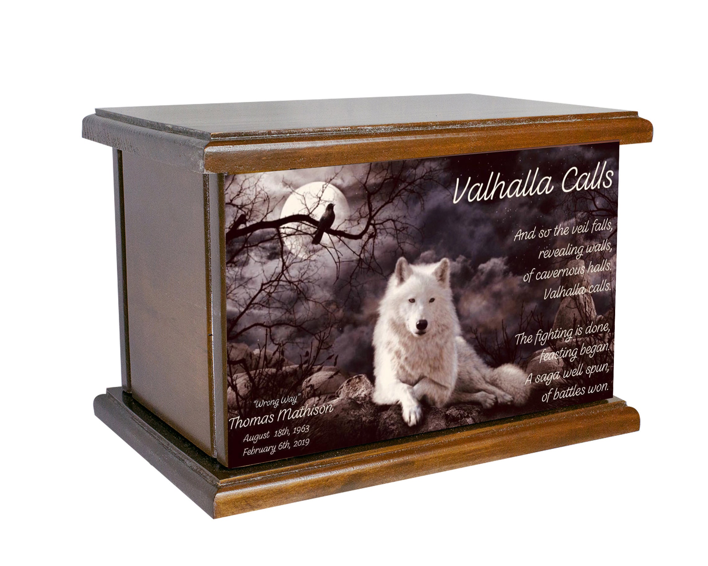 Valhalla Cremation Urn, Wolf Customized Adult Solid Wood Funeral Cremation Urn with Personalization