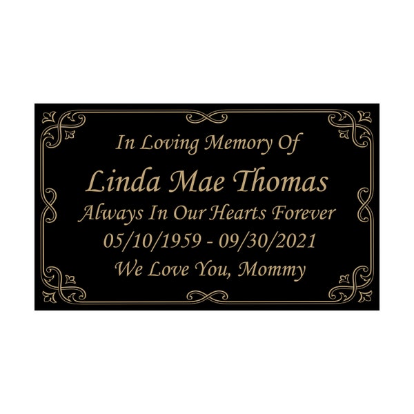 Beautifully Engraved Plaque, Plate, Name Plate, Bench Plate, Memorial Plaque, in Black and Gold- Multiple Sizes and Colors