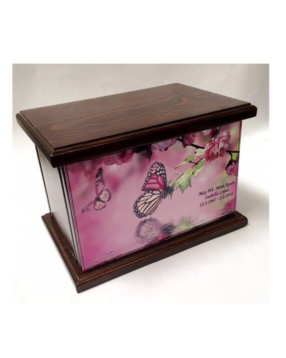 Cremation Urn Wood Funeral Urn Butterfly And Flowers Wooden Etsy