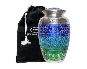 Mosaic Cremation Urn For Human Ashes, Memorial Adult Cremation Urn In Blue and Green Glass Mosaic with Personalization