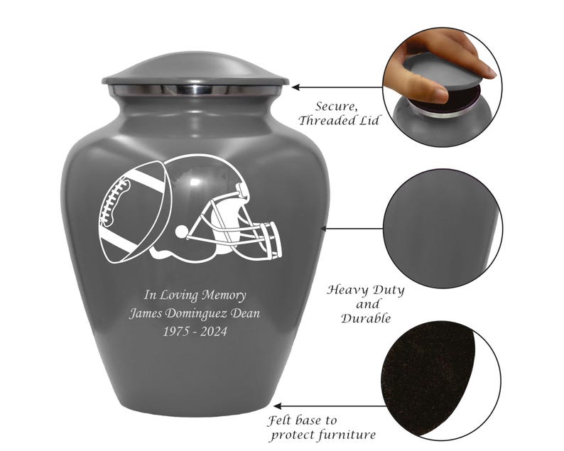 Football Urn, Football Lover's Cremation Urn, Customized Human Adult Funeral Urn For Sports Lovers, Personalization on Multiple Colors Gray Style 2