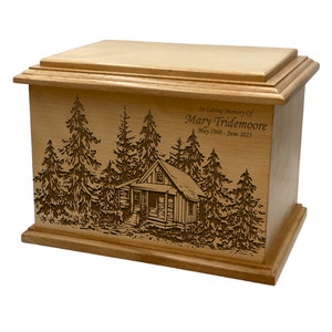 Cabin In The Woods Cremation Urn, Adult Size Wooden Cabin and Forest Funeral Urn, Nature Lovers' Wooden Urn with Engraving
