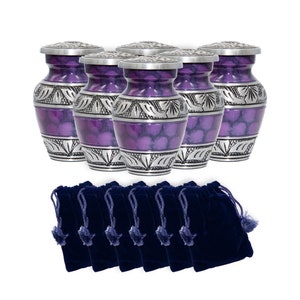 Cremation Urn, Keepsake Urns, Purple Funeral Tokens, Set of Six Purple and Silver Keepsake Urns